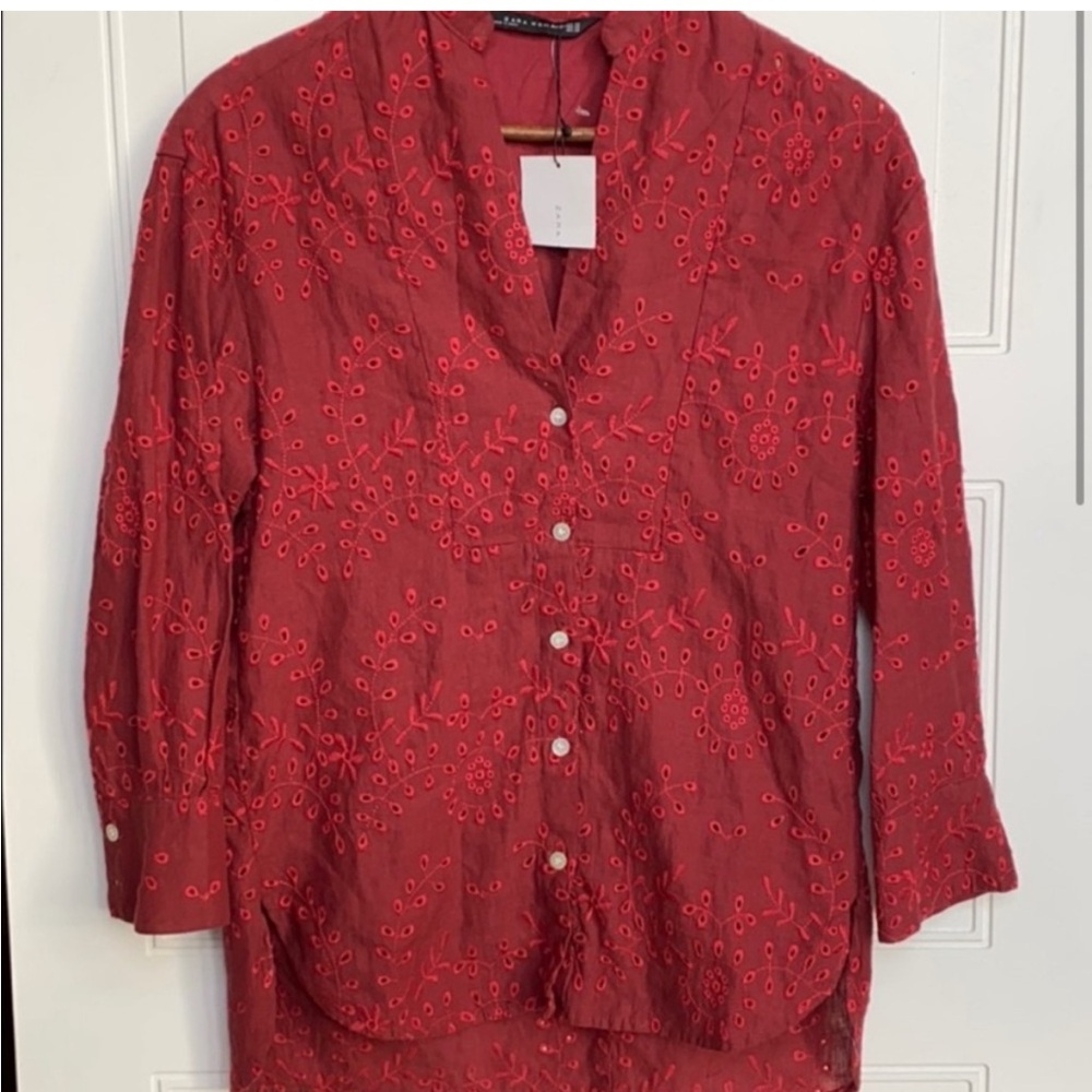 Zara Linen Blouse Women's X-Small Red Eyelet Button Up Shirt 3/4 Sleeve Cotton - Picture 4 of 7